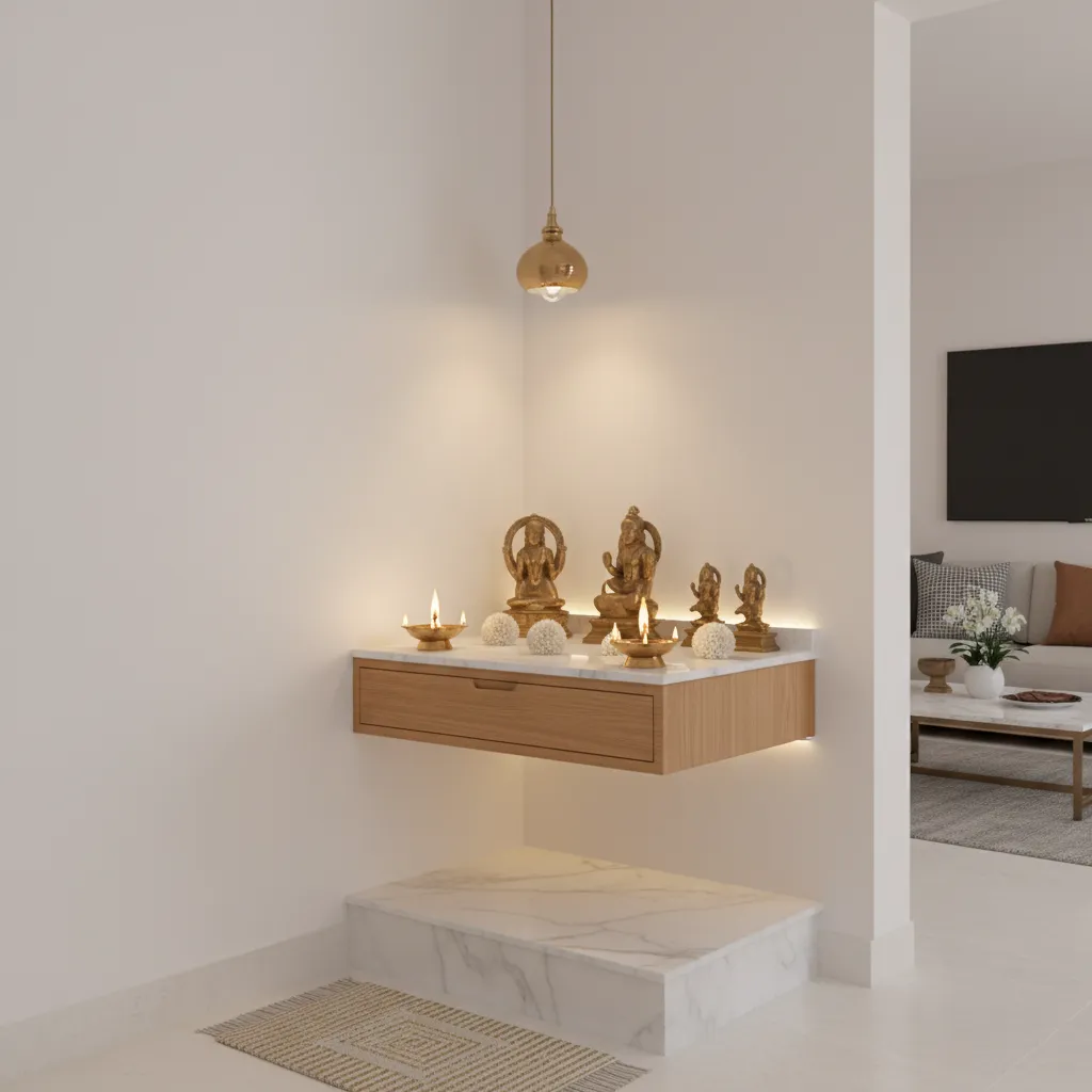 Small apartment pooja room with white walls and wooden mandir shelf