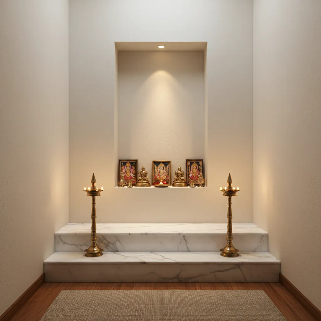Small apartment pooja corner with two marble steps and wall niche