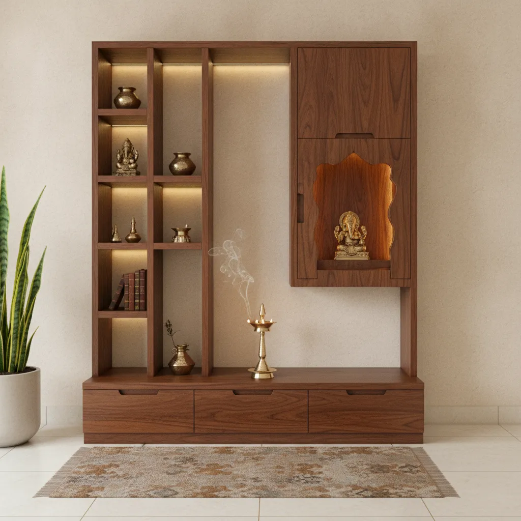 Compact pooja unit with drawers and vertical storage