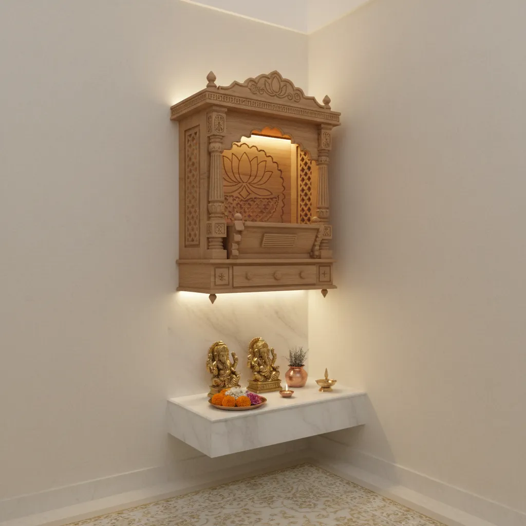 Wall mounted wooden mandir in a small apartment pooja corner