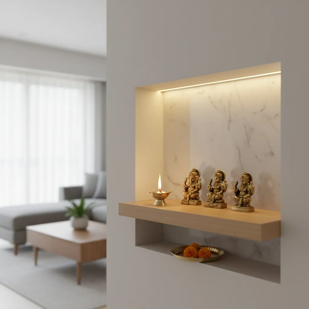 Small wall niche pooja room with marble background and wooden shelves