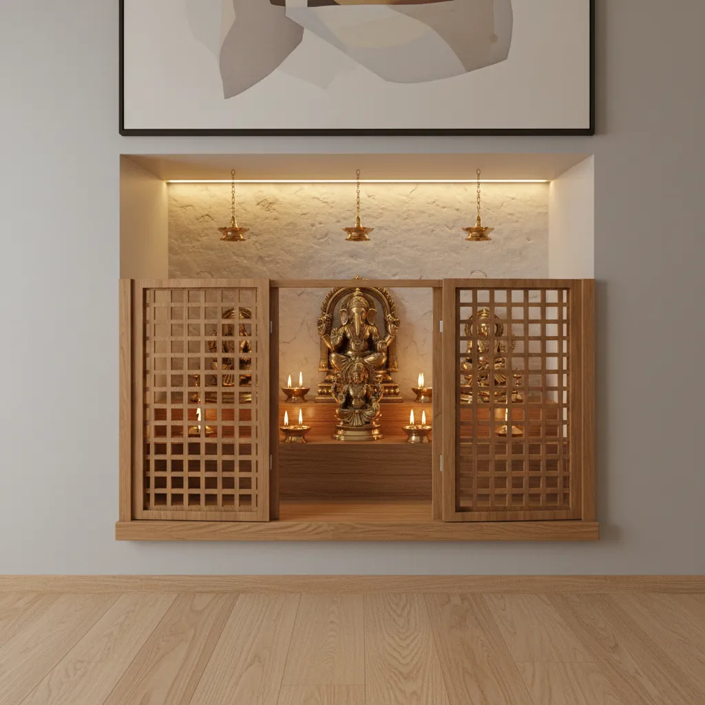 compact pooja room with wooden lattice gate and warm lighting