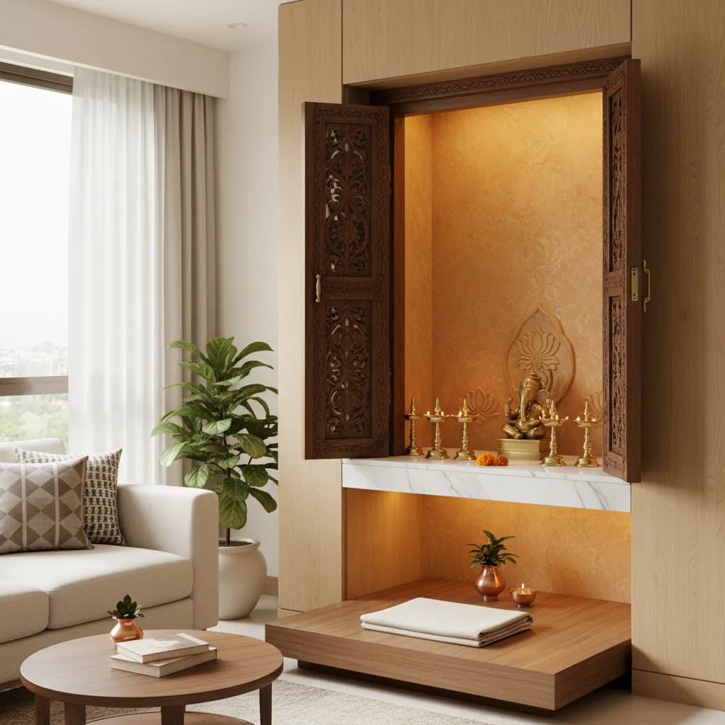 compact wall niche pooja room with wooden decorative doors