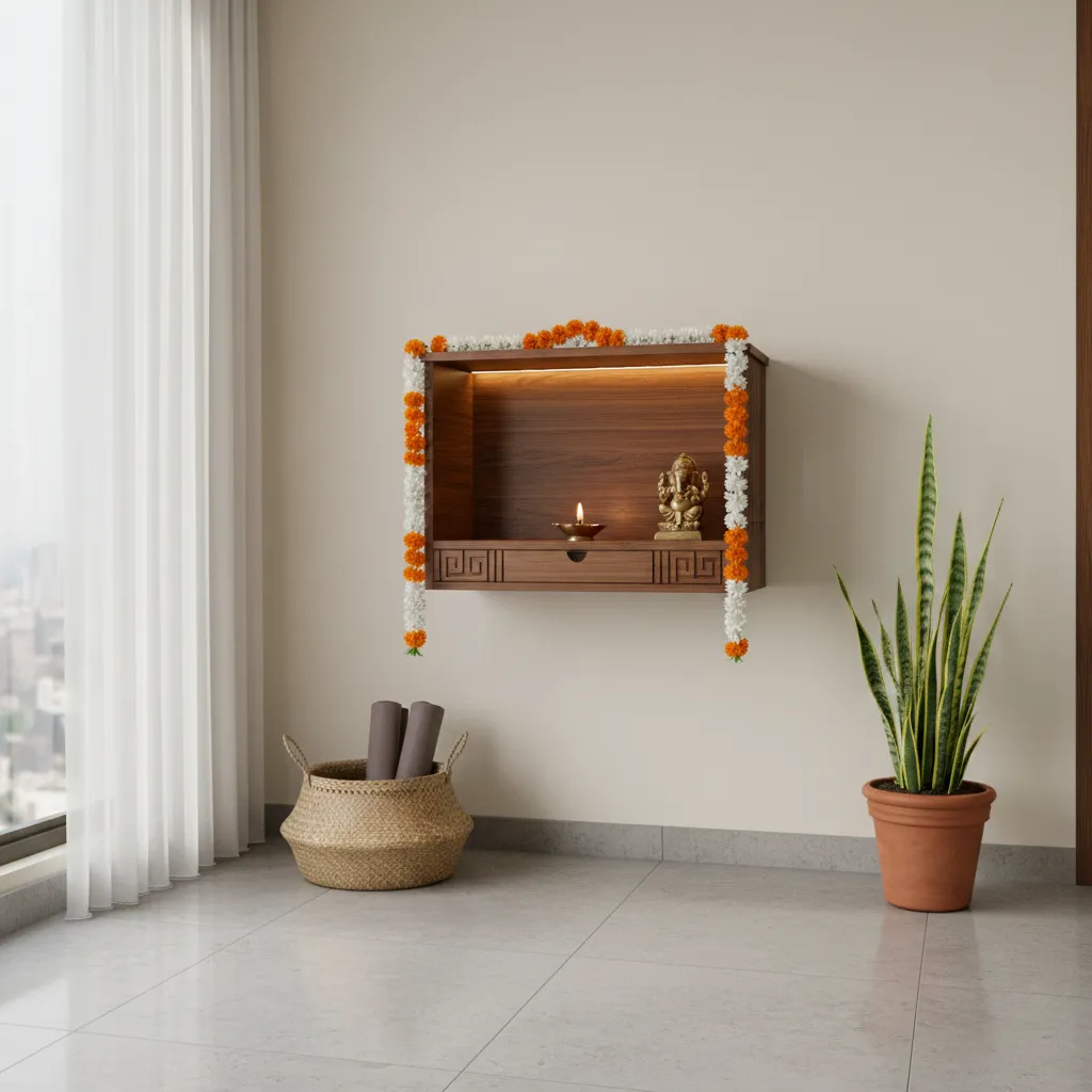small apartment wall mounted mandir with flowers and diya