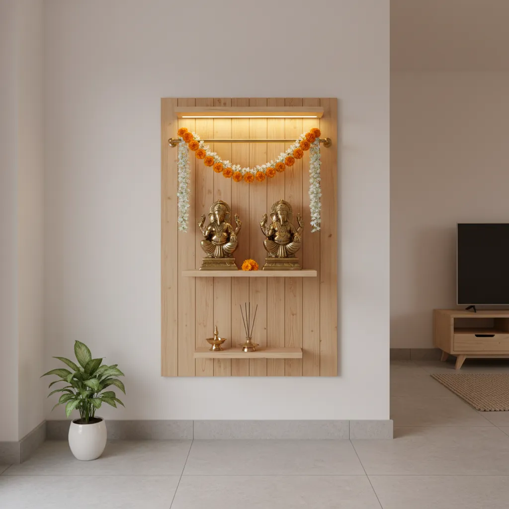 Wall mounted mandir design for small apartment pooja space