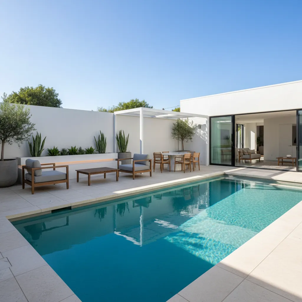 Piscina pequeña con revestimientos claros que amplían visualmente el espacio