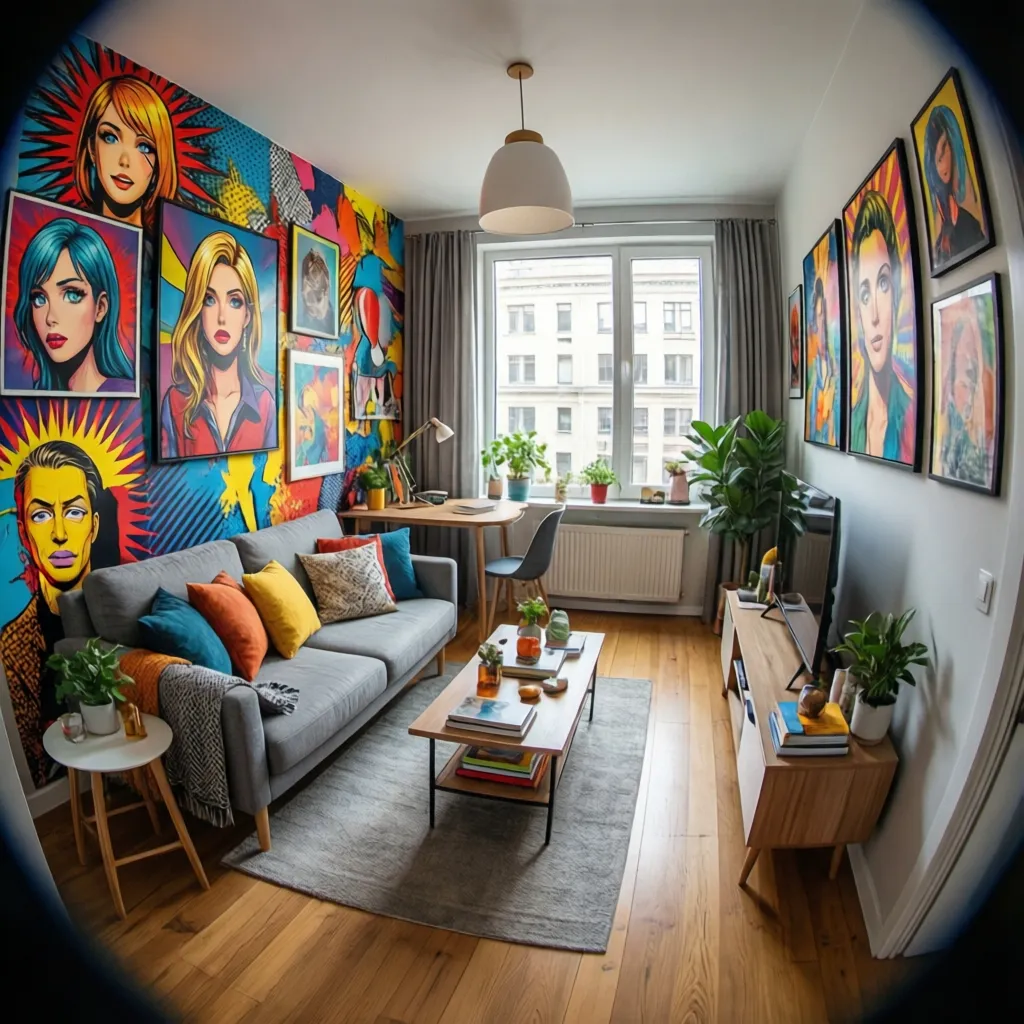 Apartamento pequeño con decoración pop art y una pared de acento colorida