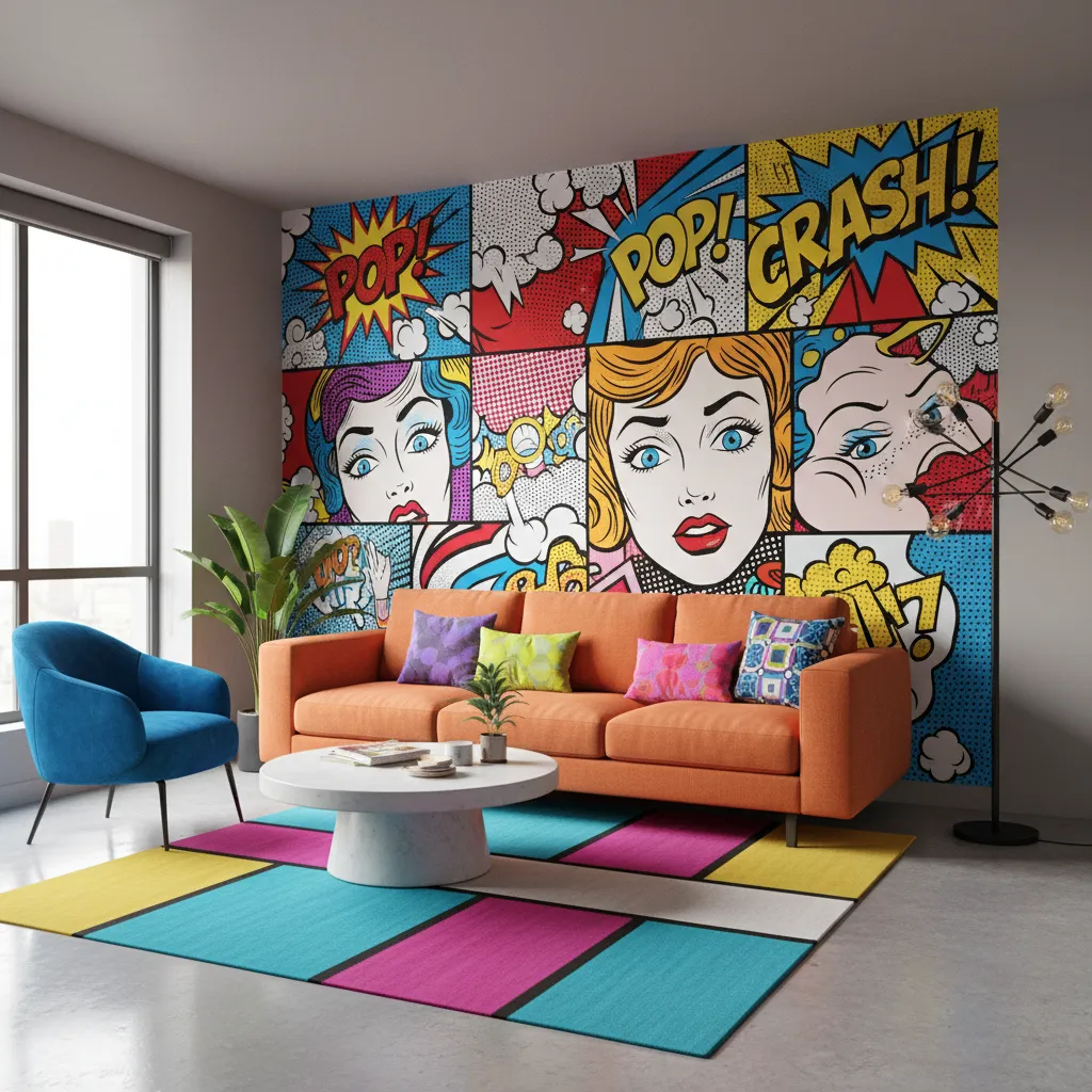Apartamento pequeño decorado con una pared pop art llamativa