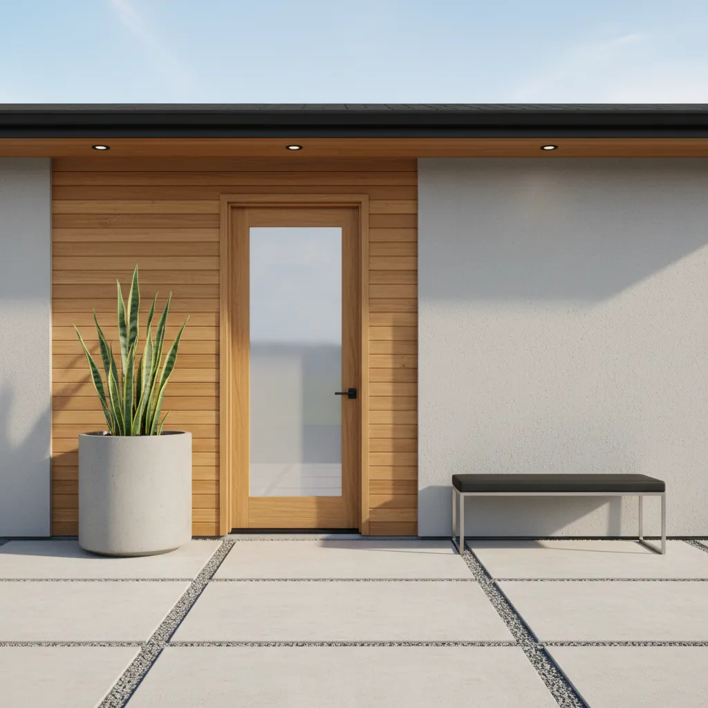 small porch layout using large planter and minimal decor around off center door