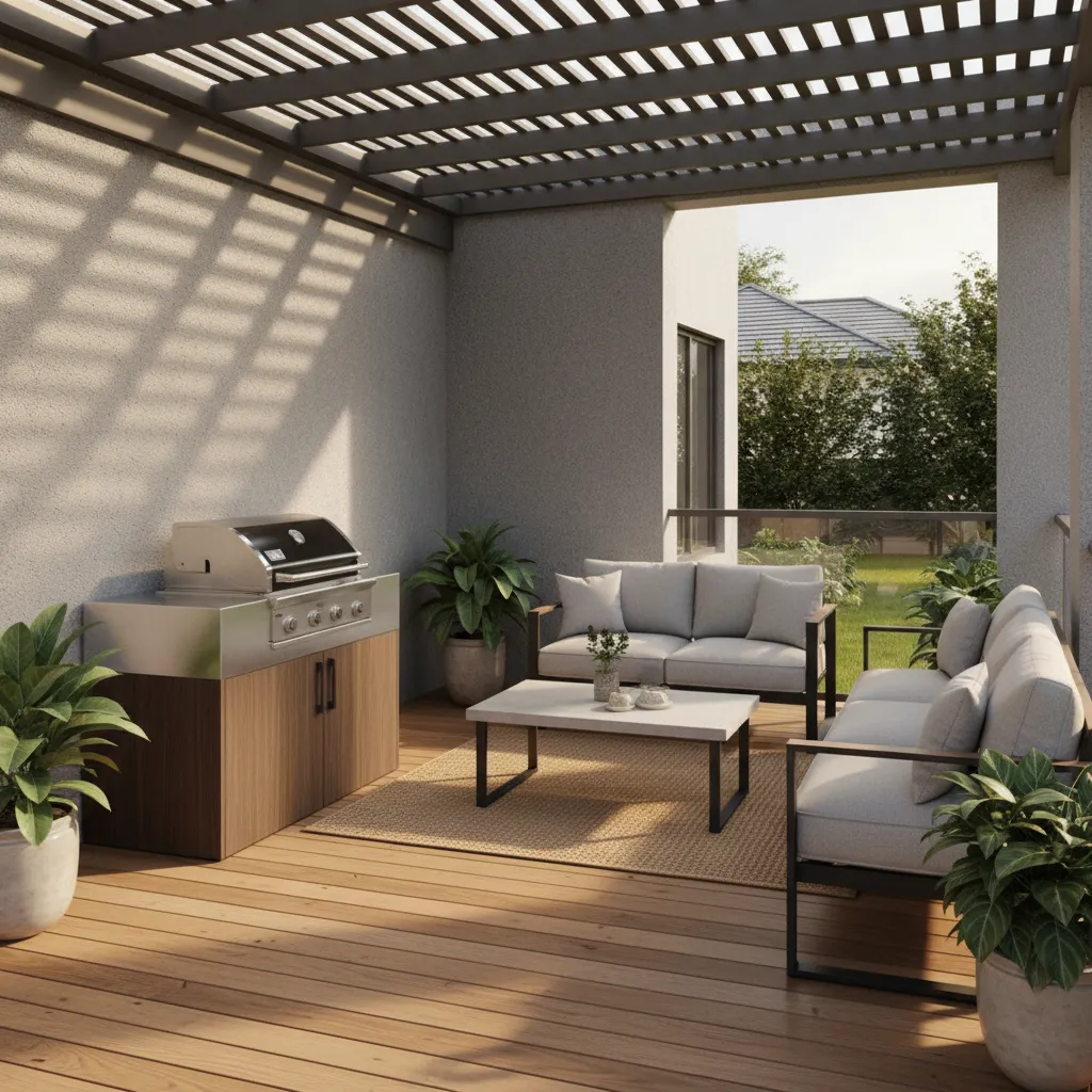 Compact outdoor kitchen on a small porch with grill and counter space