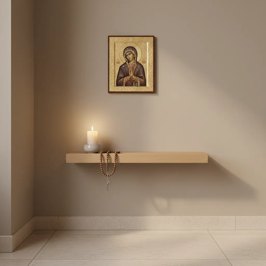 Small prayer corner with Virgin Mary icon above a candle shelf