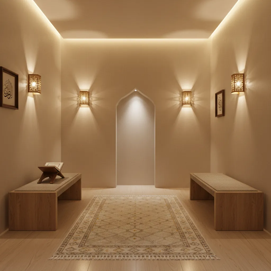 Small Islamic prayer room with warm wall lighting and prayer rug