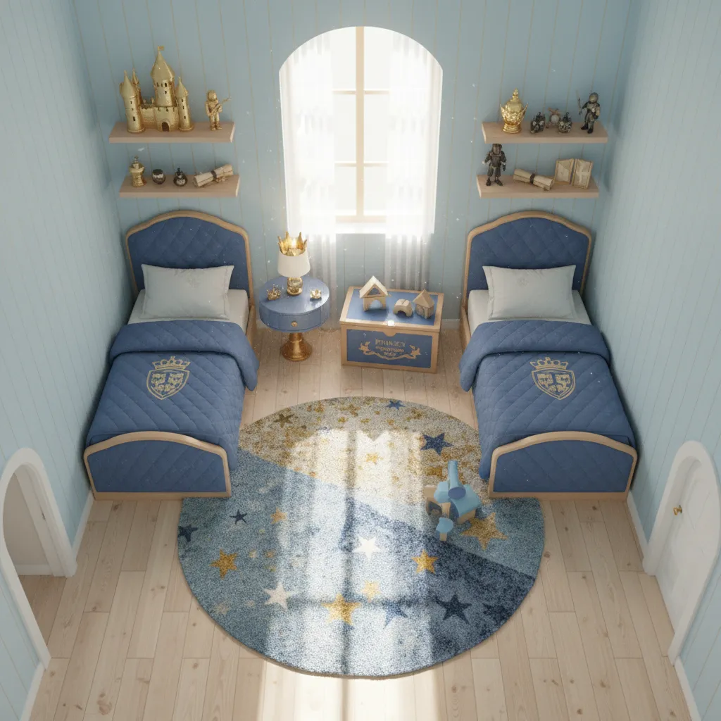 compact furniture layout for a prince themed kids bedroom