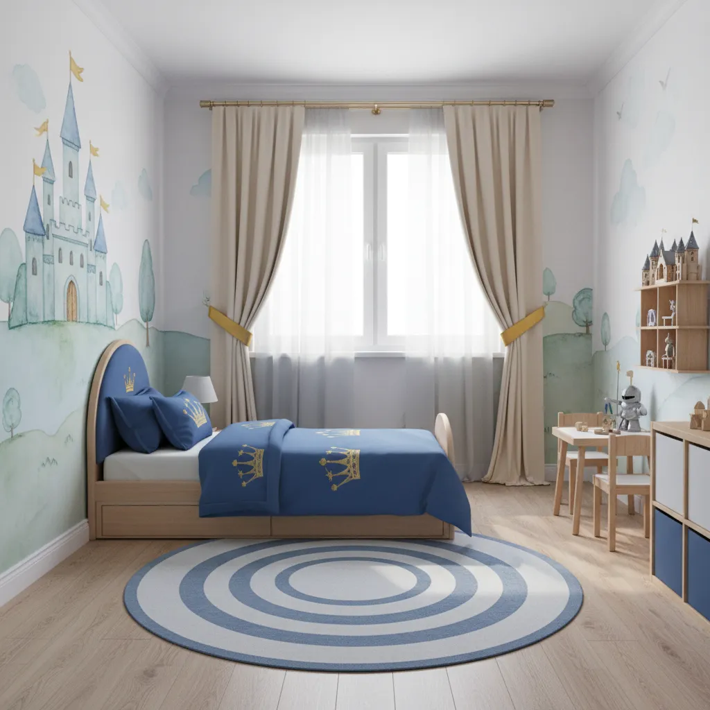 Small prince themed bedroom layout with compact bed and play area