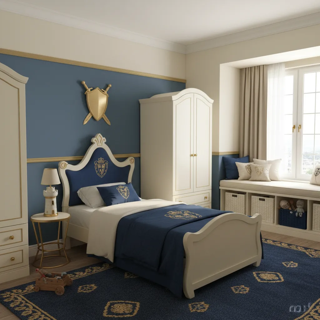 Small prince themed kids bedroom with simple royal decor and compact furniture layout