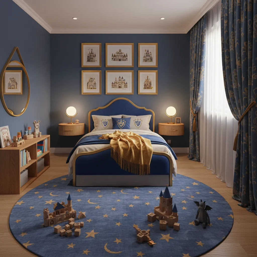 small prince themed bedroom with efficient layout and open floor space