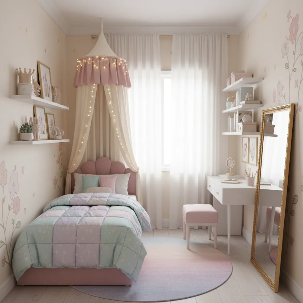 Small princess bedroom using vertical storage and wall lighting