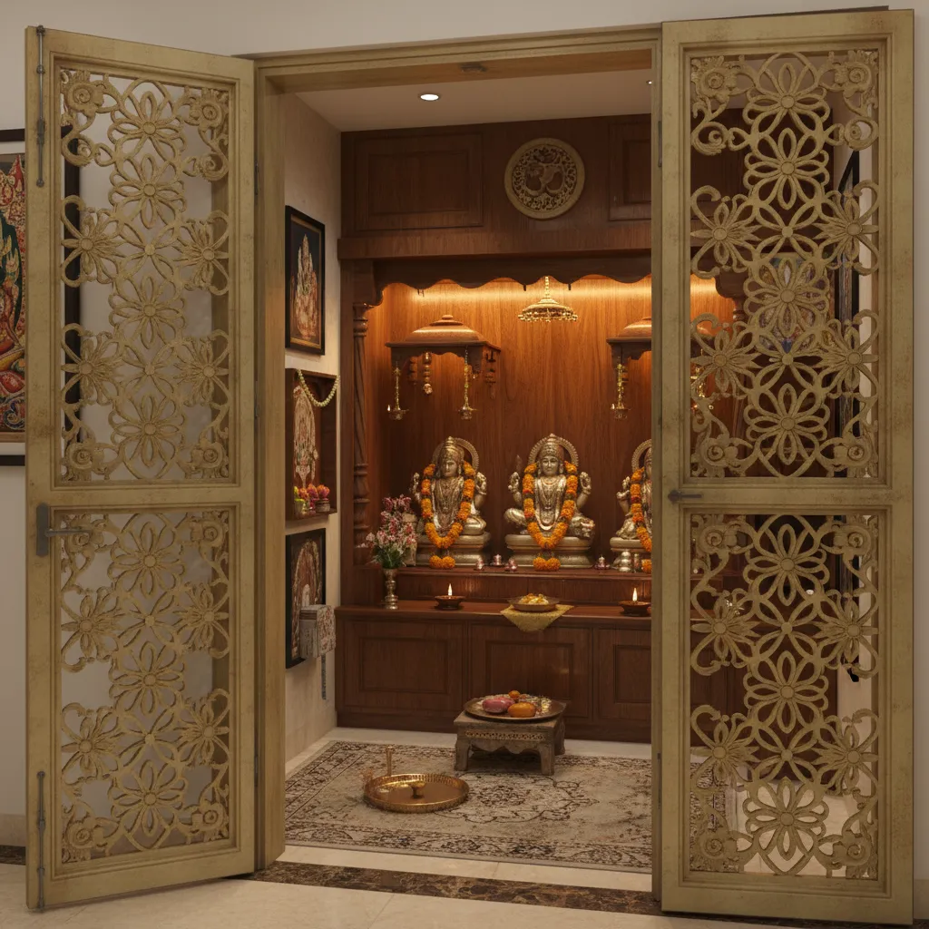 Small apartment puja room with decorative gate and warm lighting