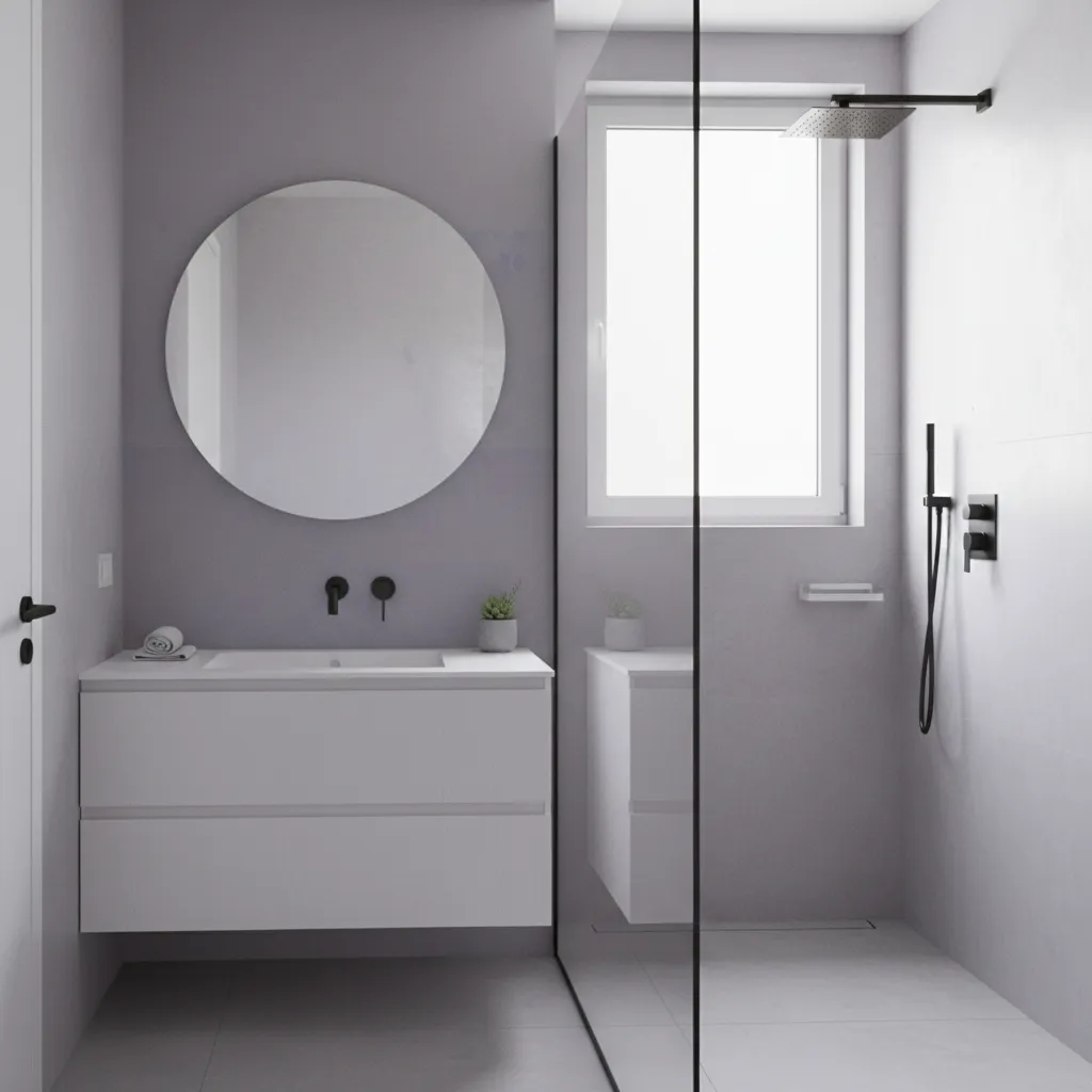 Compact bathroom with gray walls and subtle purple accents showing balanced color use