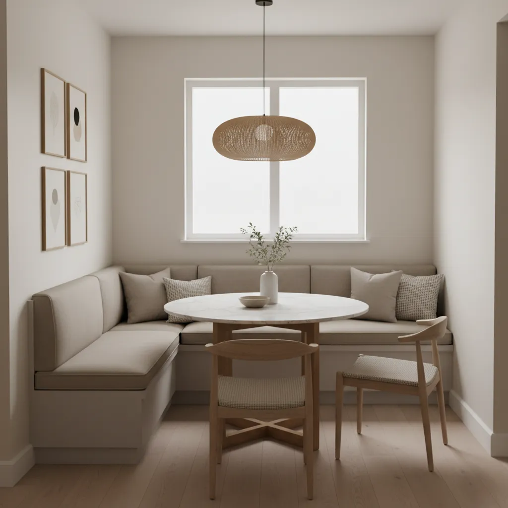 small raised ranch dining room with banquette seating layout