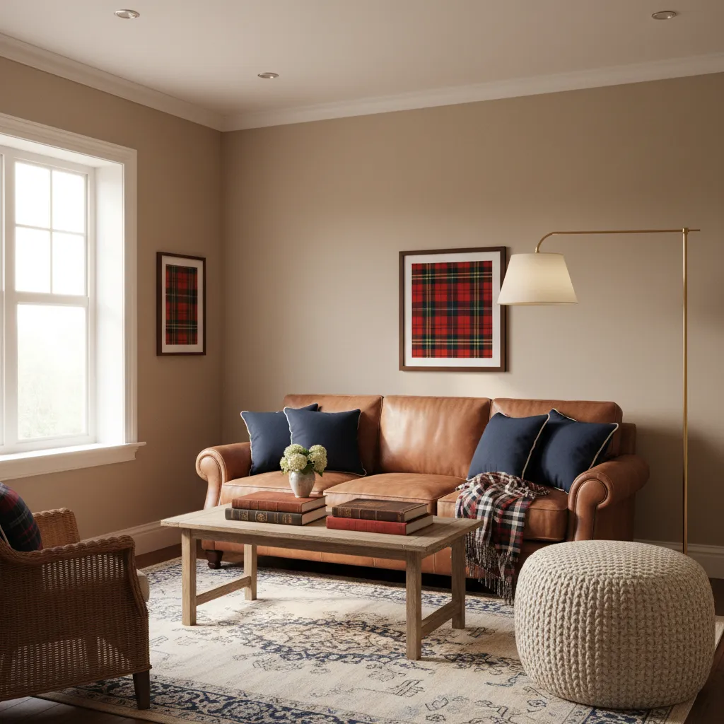 Compact living room designed with Ralph Lauren inspired decor and balanced layout