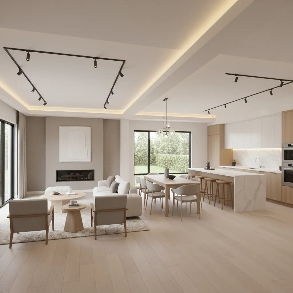 3d interior visualization of a small ranch home showing connected living spaces