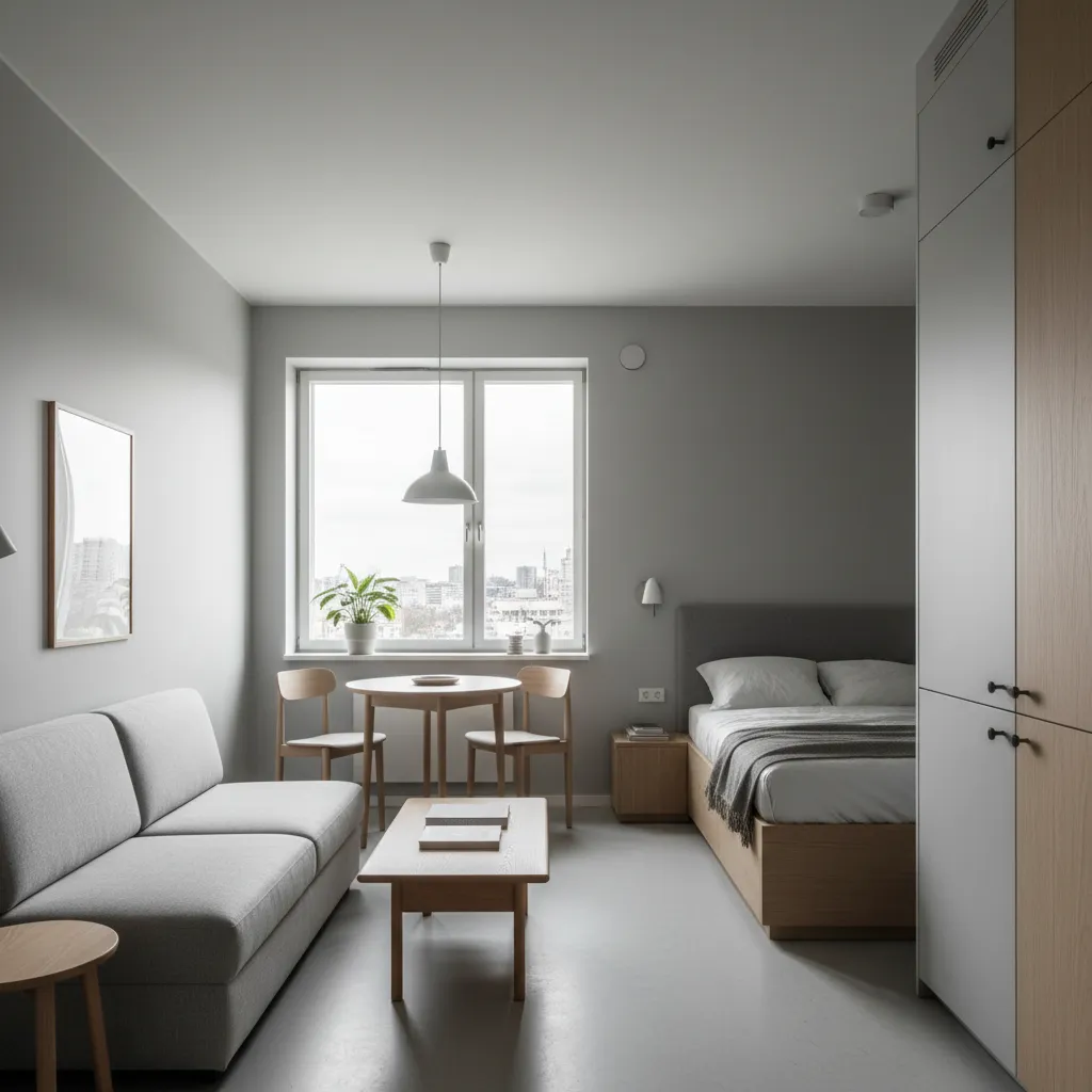 Minimalist Coohom apartment featuring grey sofa wooden dining table bed and a large bright window