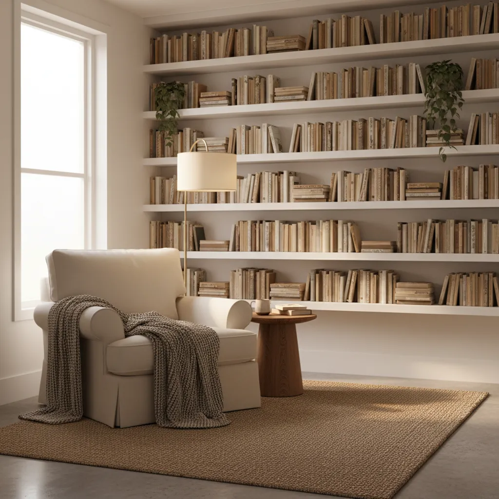 Cozy reading nook layout that fits within approximately 30 square feet