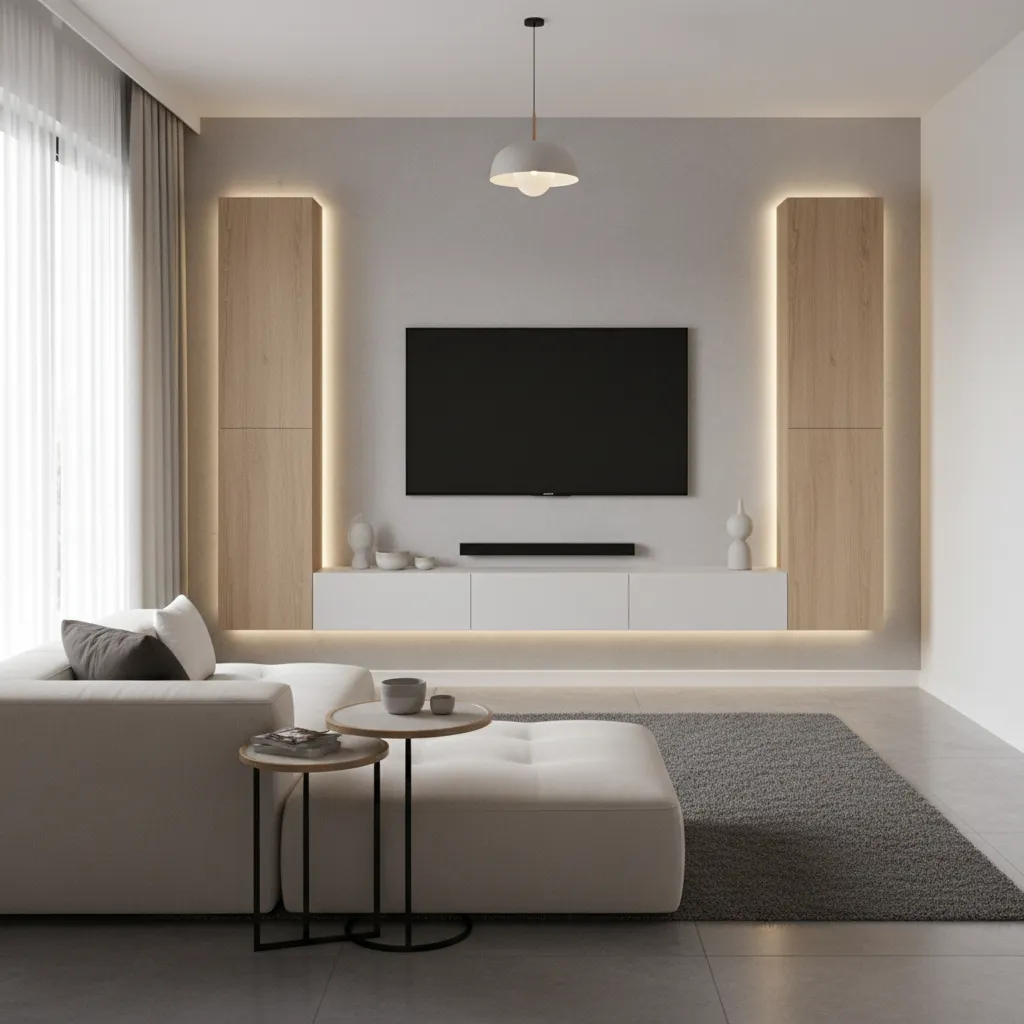 Entertainment wall with mounted TV shelves and gaming console in small rec room