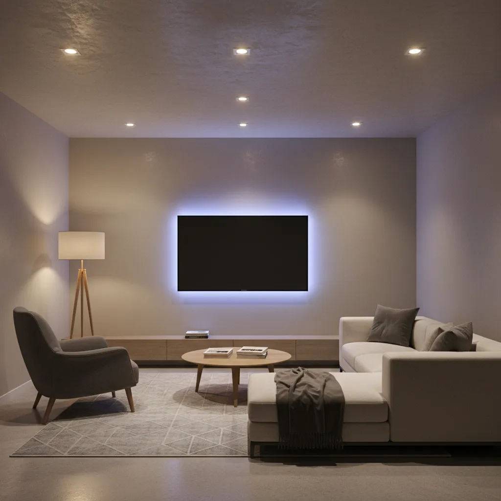 Layered lighting in small rec room with floor lamp LED TV lighting and ceiling light
