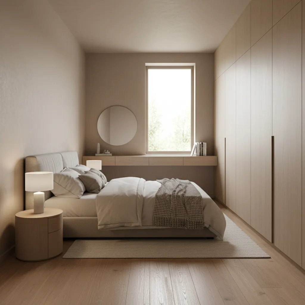 overview of a small rectangular bedroom with smart furniture placement