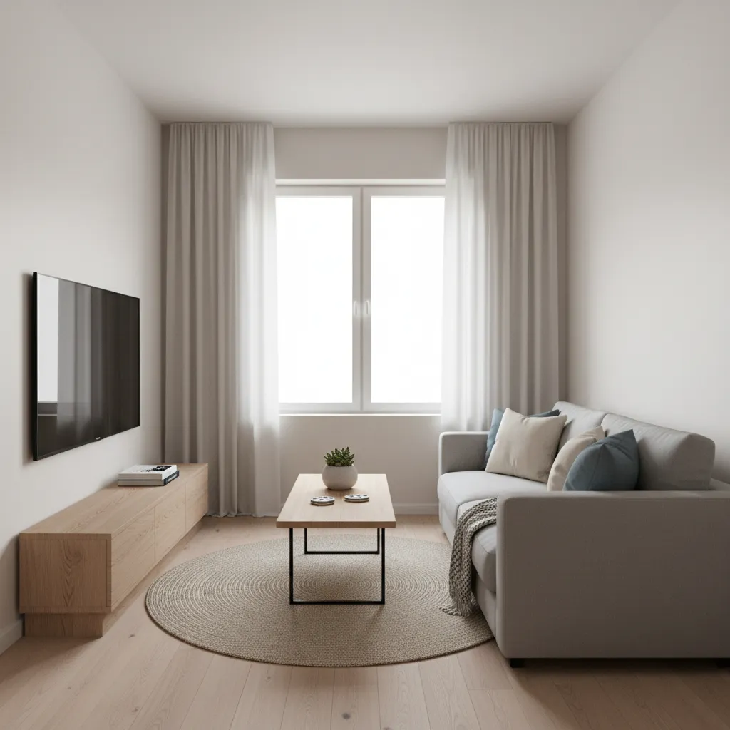 Example of a small rectangular living room with balanced furniture placement
