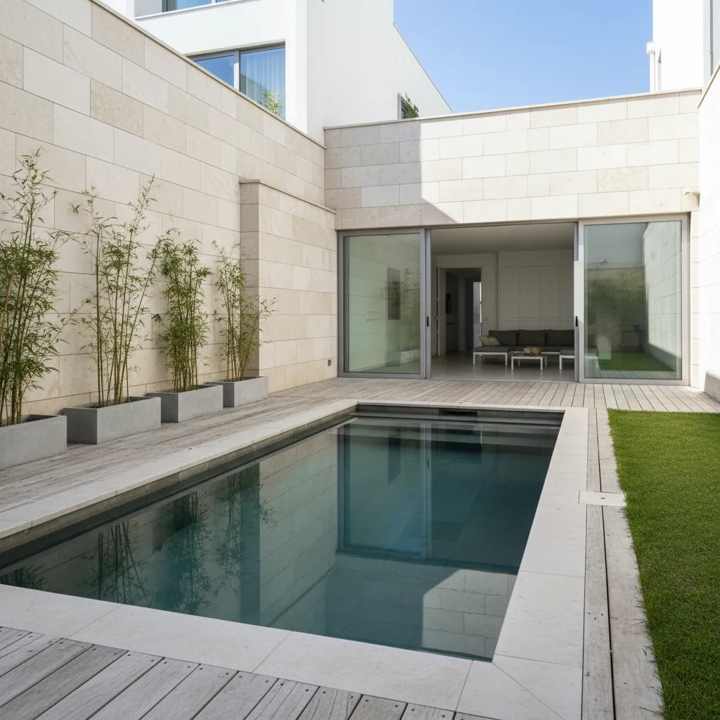 Piscina rectangular pequeña en patio moderno