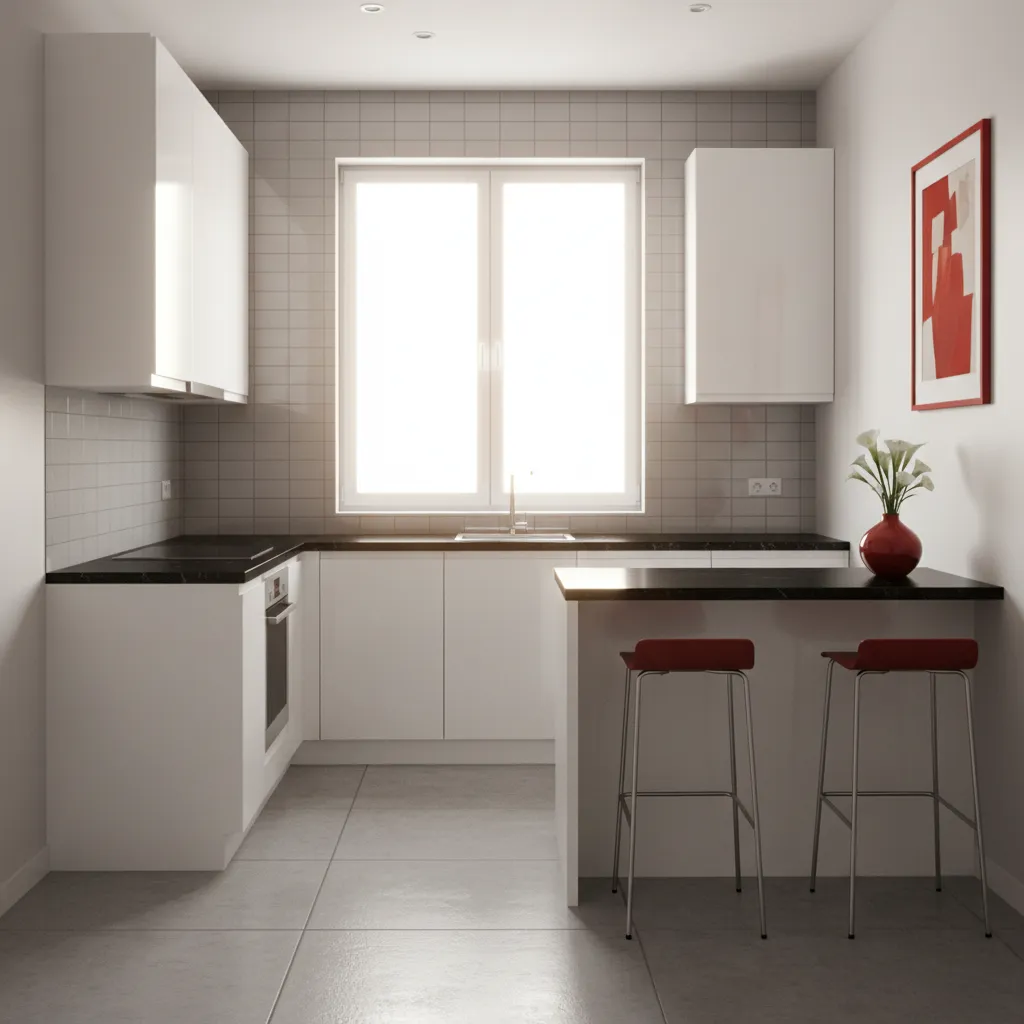 small kitchen design using white cabinets black counters and subtle red accents