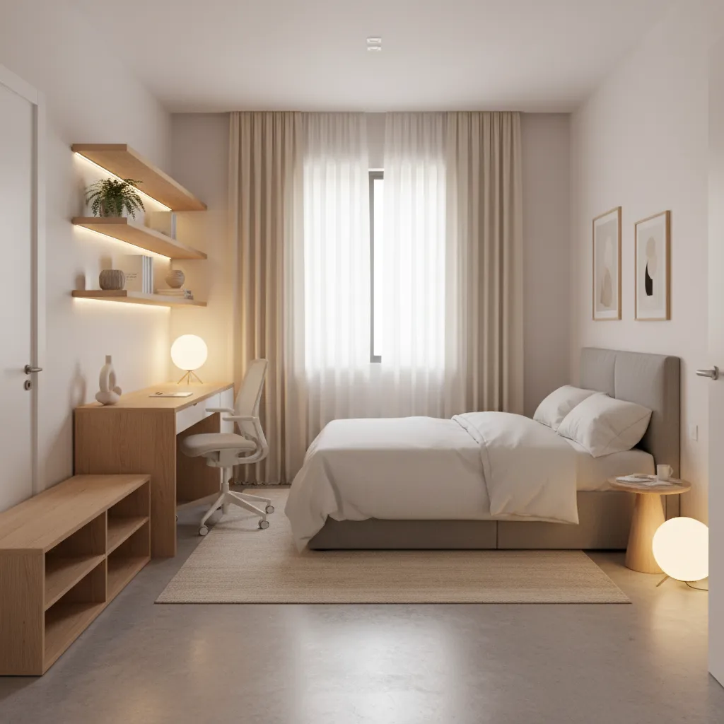 phòng trọ nhỏ gọn gàng với giường bàn làm việc và kệ treo tường