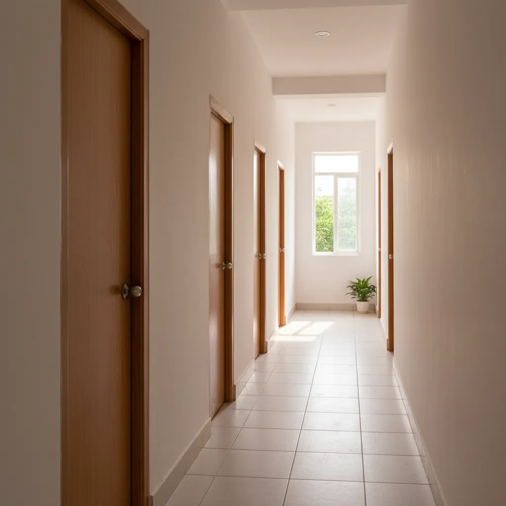 Long white hallway featuring multiple wooden doors on both sides and a window at end