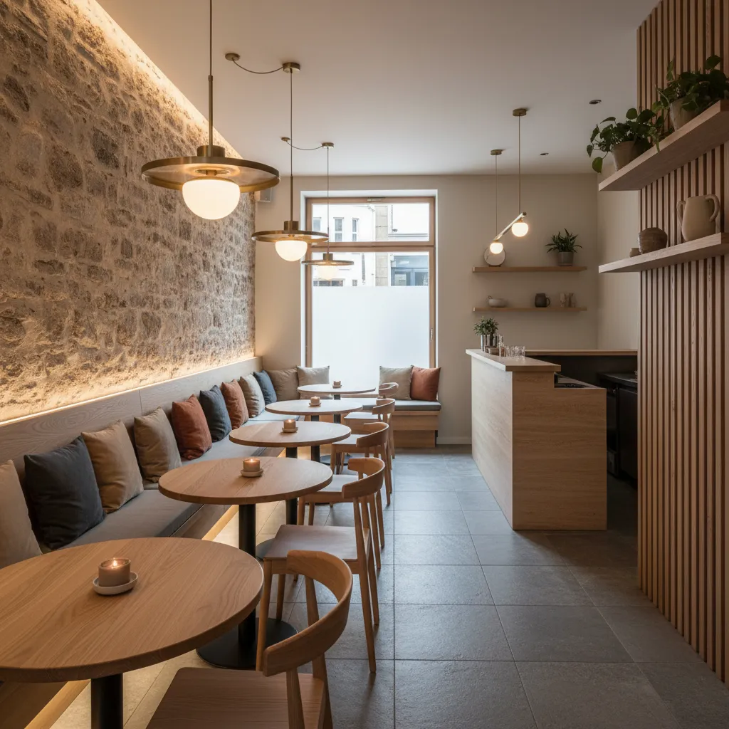 Cozy restaurant interior with stone wall, wooden tables, chairs, cushions, ceiling lights, and wooden counter