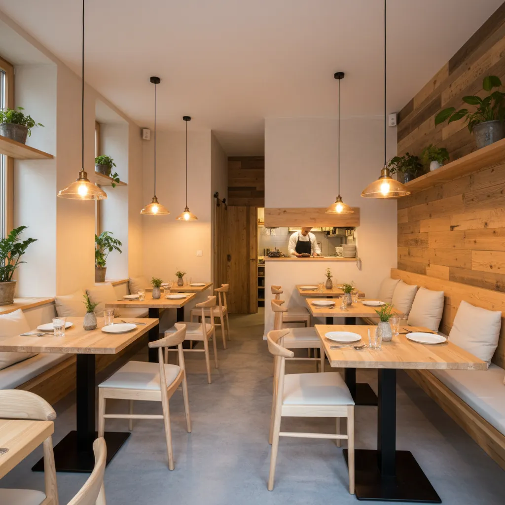 Pequeño restaurante bien diseñado con mobiliario sencillo y acogedor