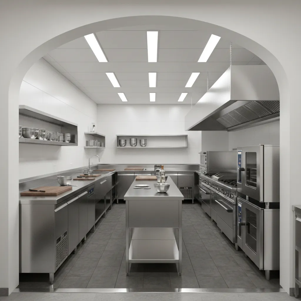 Compact restaurant kitchen layout showing doorway between prep and service areas