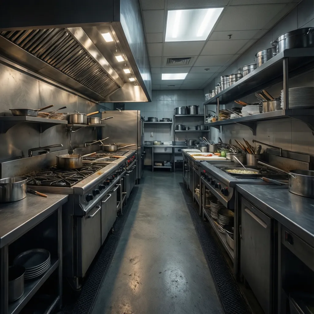 Small restaurant kitchen line layout showing cooking stations along one wall