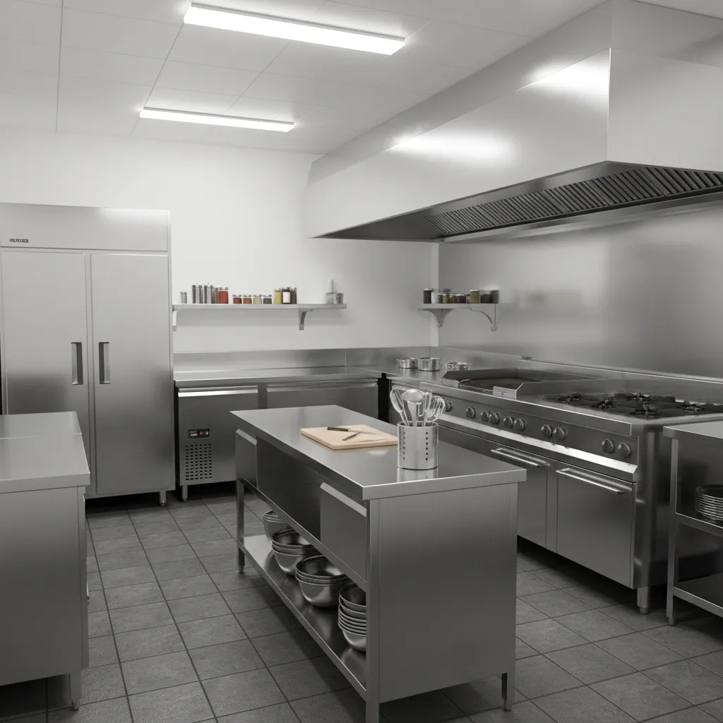 small restaurant kitchen interior with stainless steel cooking equipment