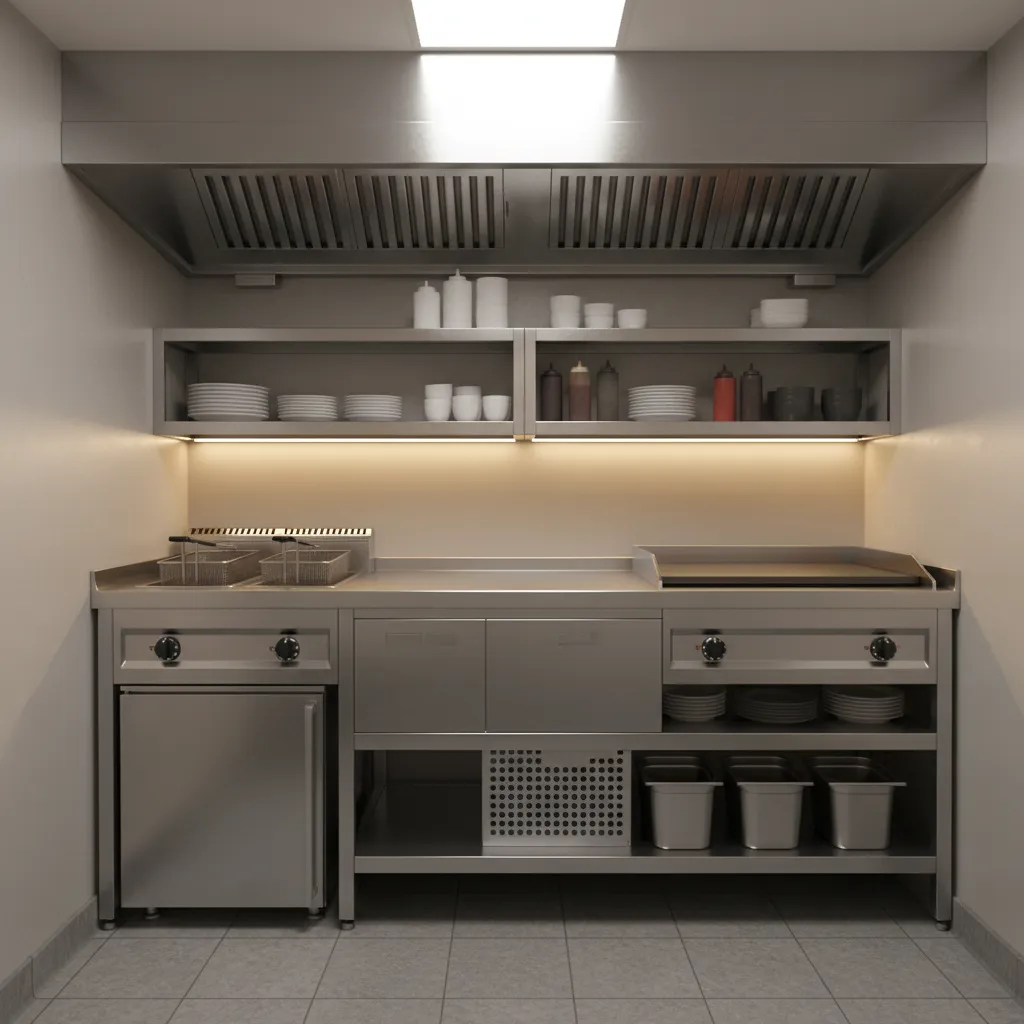 compact small restaurant kitchen with fryer griddle and refrigerator
