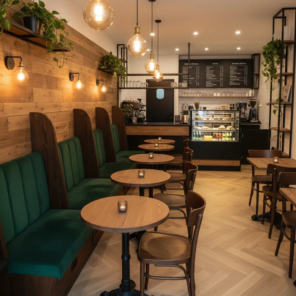 Diseño de restaurante pequeño con bancos corridos