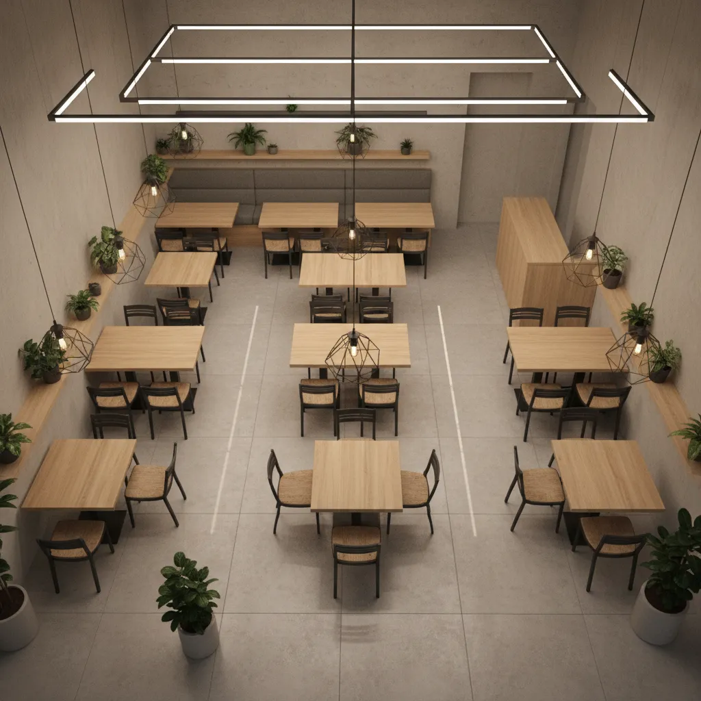 Modern cafe room layout with wooden tables black chairs gray floor and hanging light fixtures