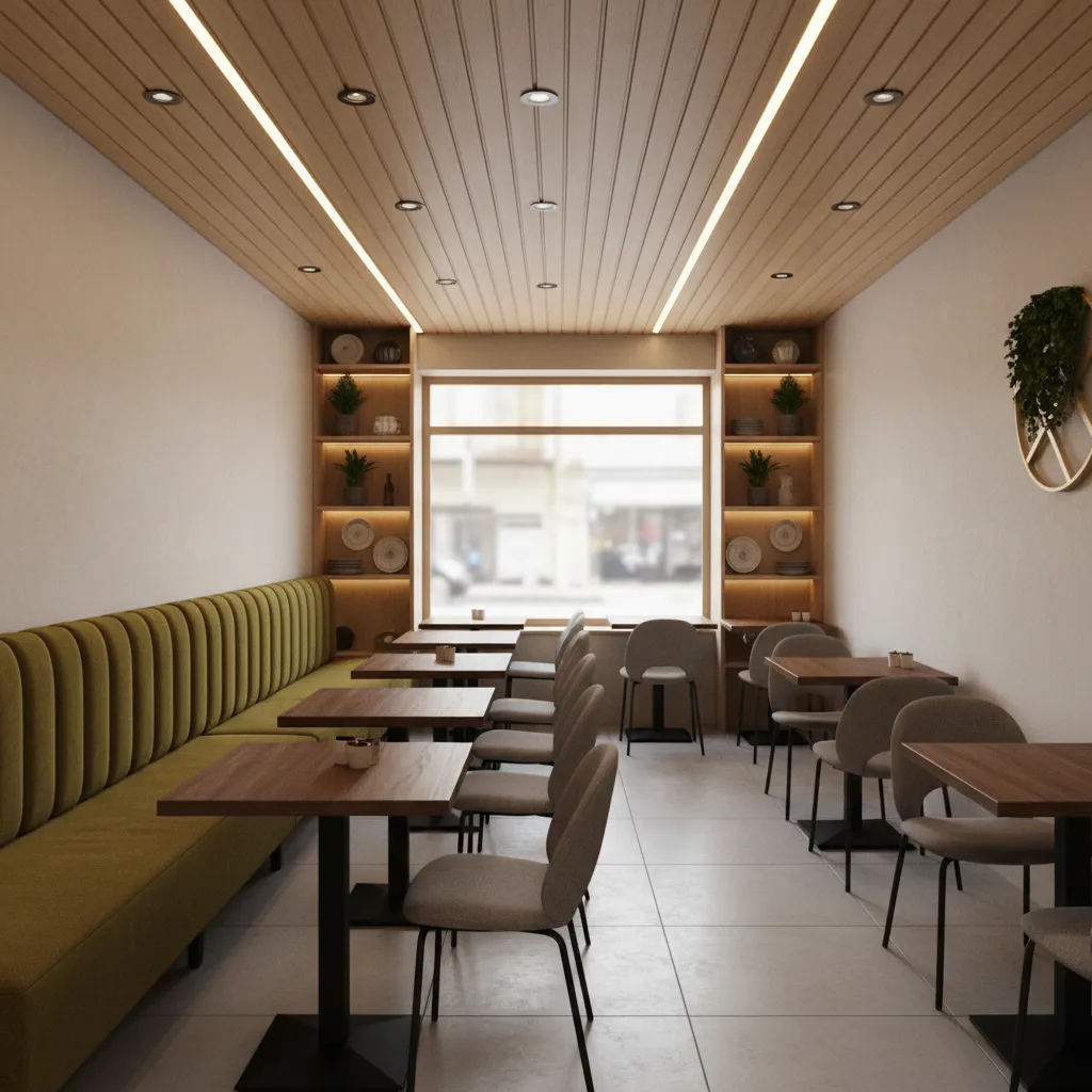 Small restaurant layout using wall banquettes and compact tables to maximize seating