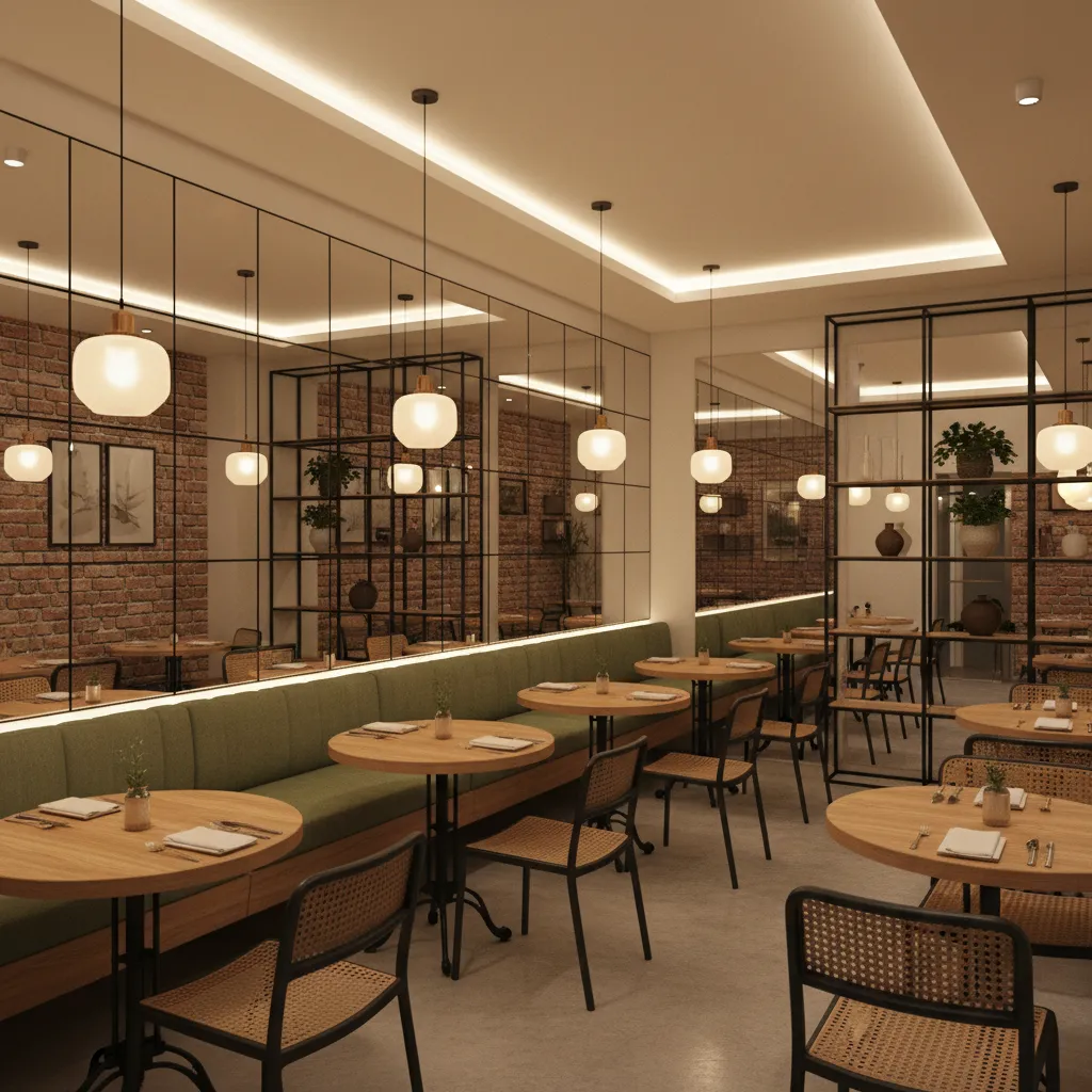 Small restaurant dining room using mirrors to visually expand space