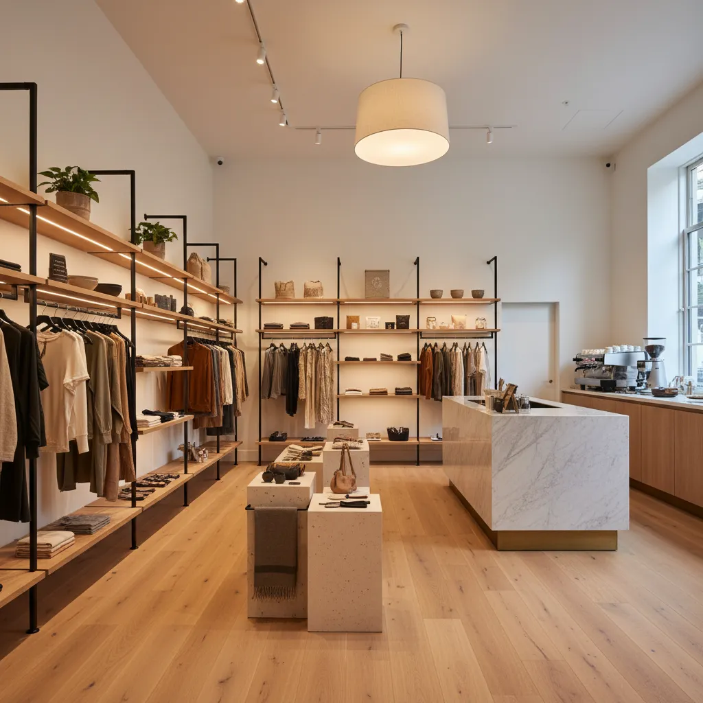 Diseño interior de una pequeña tienda con estanterías bien organizadas