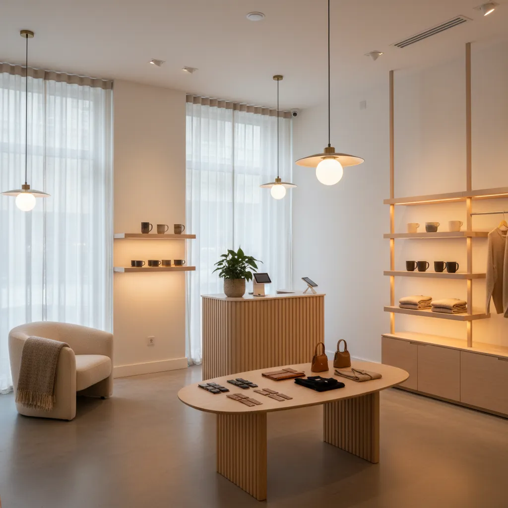 Pequeña tienda bien organizada con diseño interior atractivo