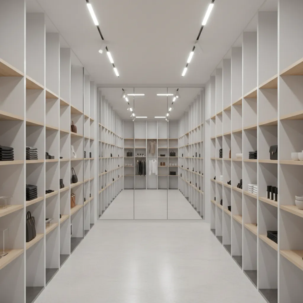 small retail store layout using vertical shelving and clear pathways