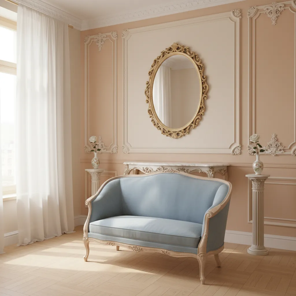 Small apartment living room with light rococo decor and compact furniture arrangement